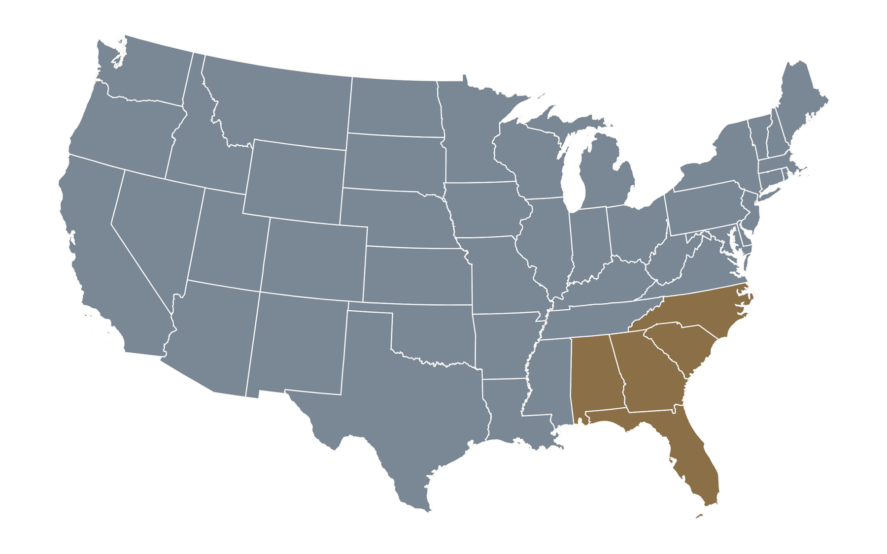 Map of the United States highlighting Alabama, Florida, Georgia, North Carolina, and South Carolina